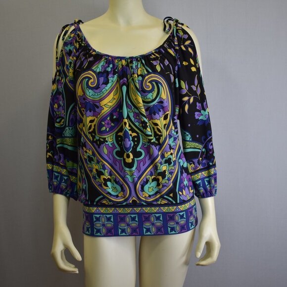 CACHE COLD SHOULDER 3/4 SLEEVES PRINTED BLOUSE‎  SZ MD - Picture 3 of 8